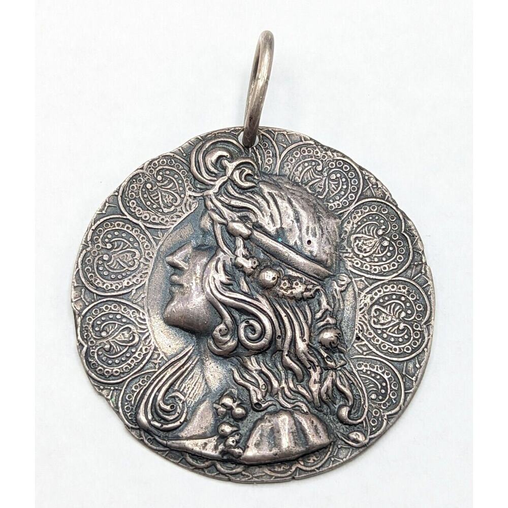 Large Sterling Silver Beautiful Art Nouveau Woman Lady Detailed Vintage Pendant